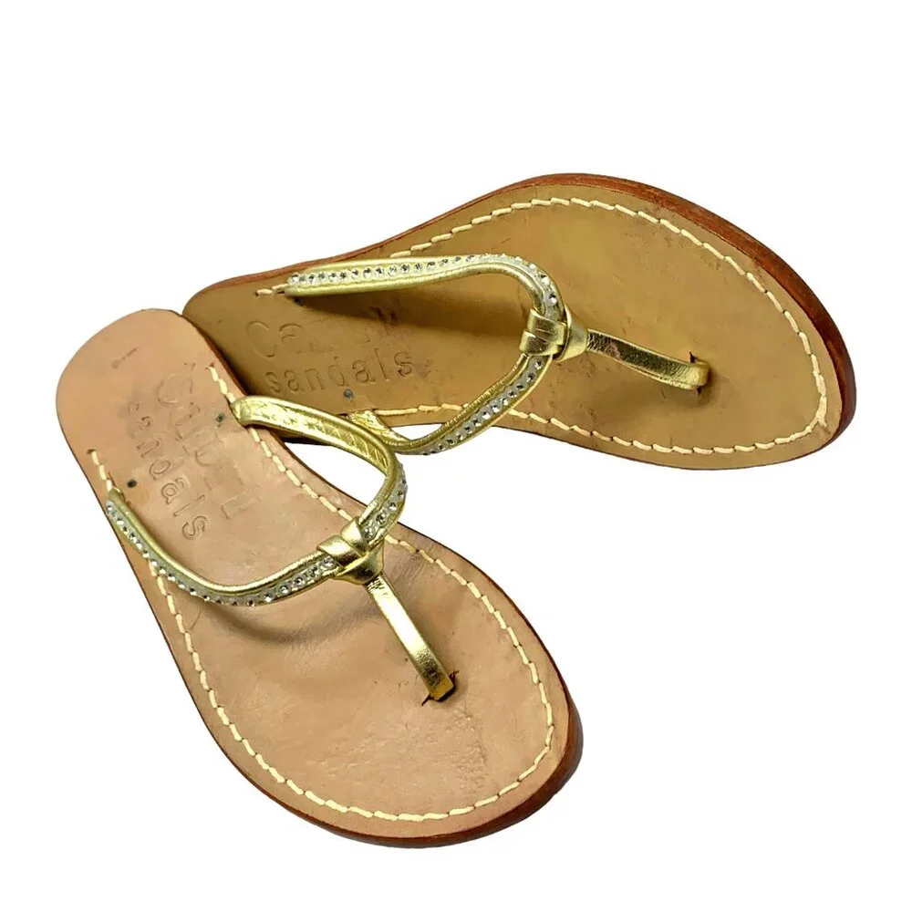 CAPRI‎ SANDALS CO. Gold Leather Rhinestone Thong Slide Sandals